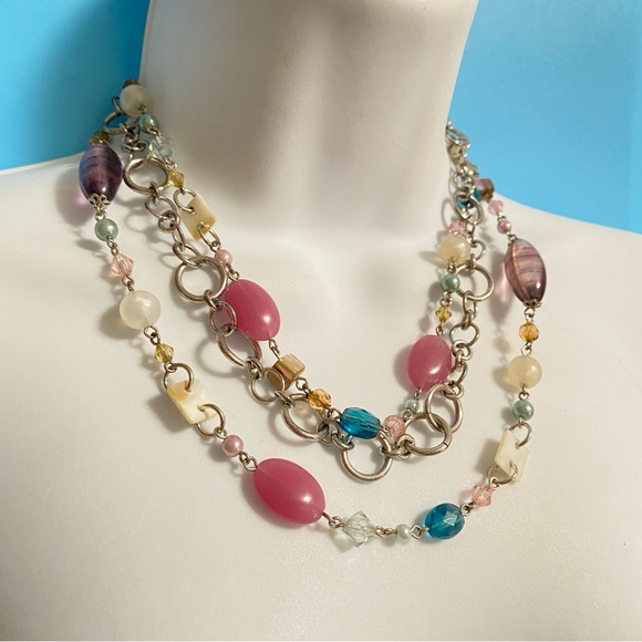 COOKIE LEE Acrylic Beads & Natural Seashells Long Necklace Silvertone - Picture 5 of 9